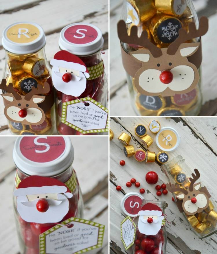 Süßigkeiten als Geschenke einweckgläser dekorieren weihnachtlich rentier weihnachtsmann