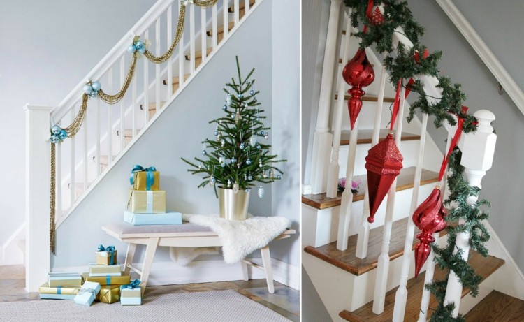 Treppengeländer dekorieren weihnachtlich baumschmuck idee perlenkette elegant stilvoll