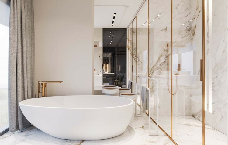 badezimmer freiestehende badewanne marmor vorhänge grau