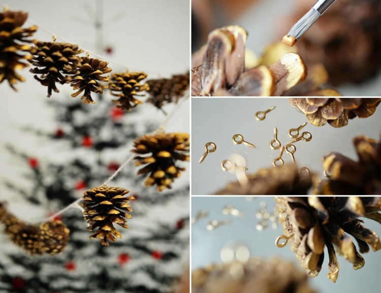 basteln advent tannenzapfen girlande gold ösen schrauben einfache weihnachtsdeko