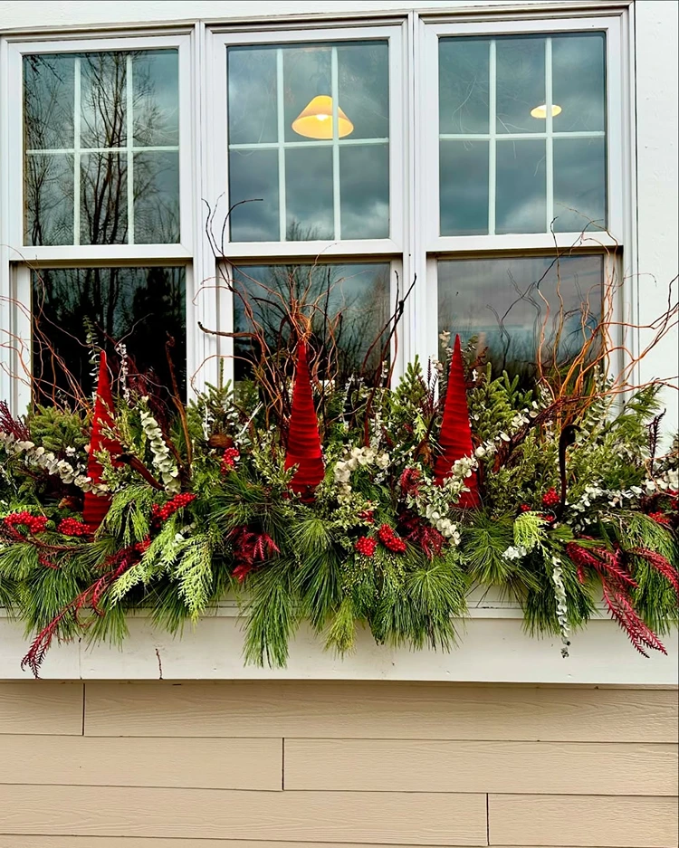 blumenkasten mit tannen und zypressenzweigen