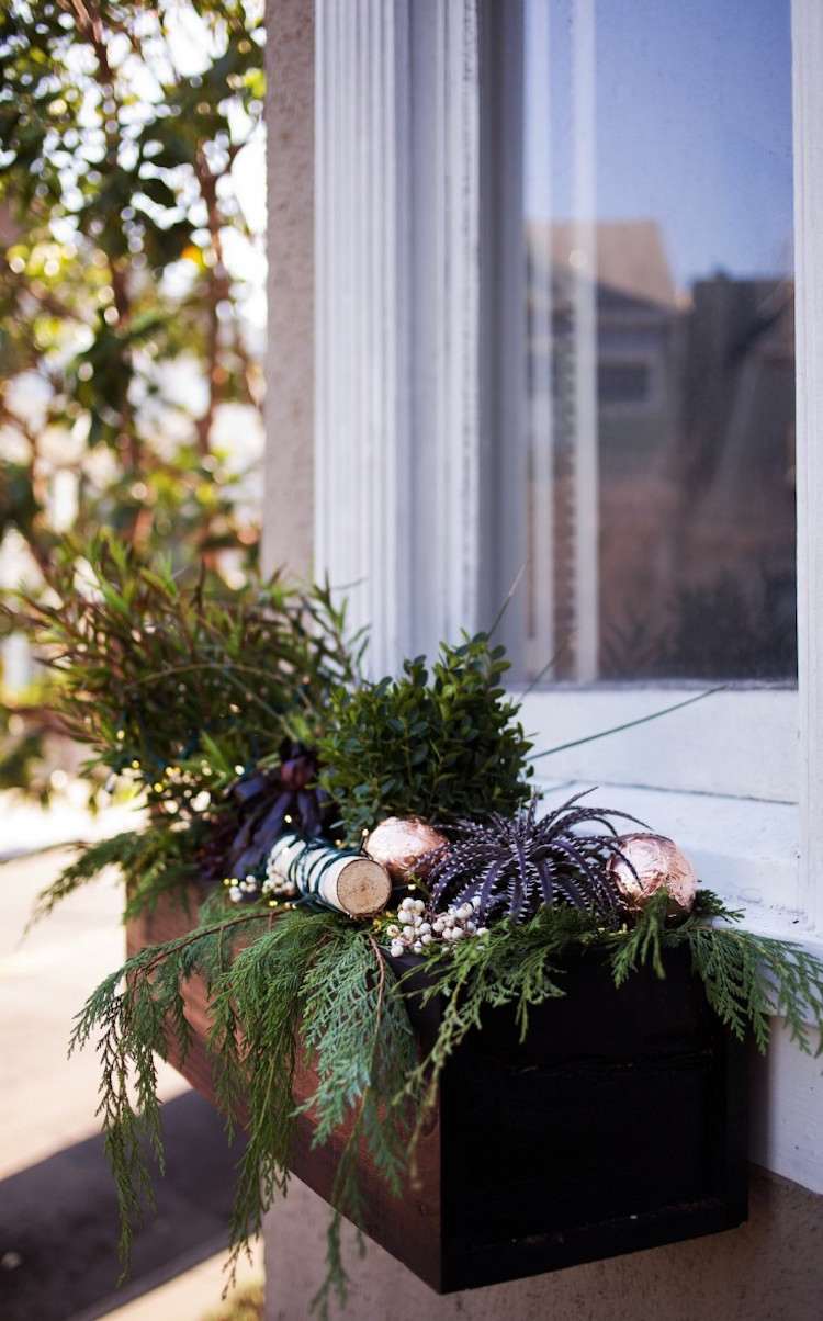 blumenkasten weihnachtlich dekorieren fenster modern birke winterharte pflsnzen lichter
