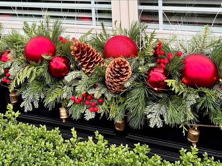 blumenkasten weihnachtsdeko immergrüne zweige zapfen rote christbaumkugeln