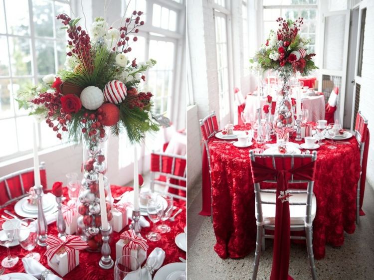dekorieren weihnachtlich große Glasvase gesteck üppig rot weiß festtafel tischdeko