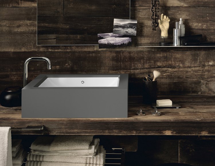 design handwaschbecken badezimmer rechteckig grau armatur minimalistisch holz
