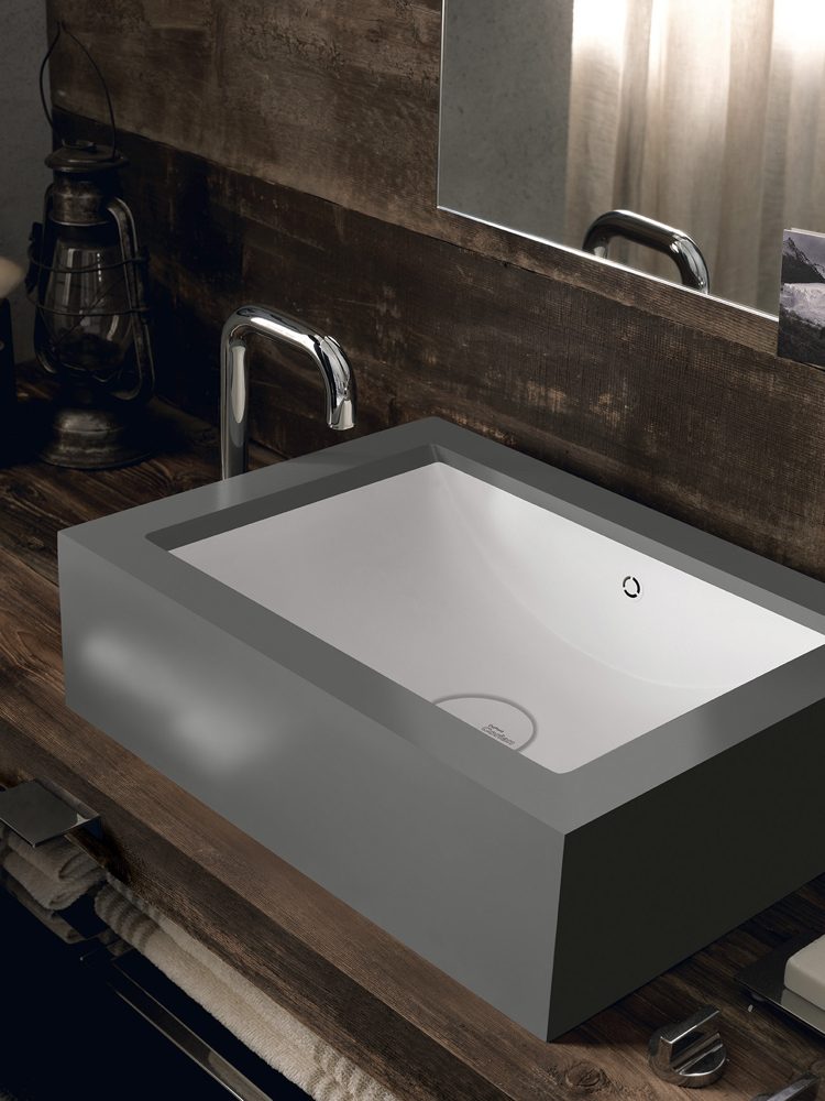 design handwaschbecken badezimmer rechteckig grau holzwaschtisch