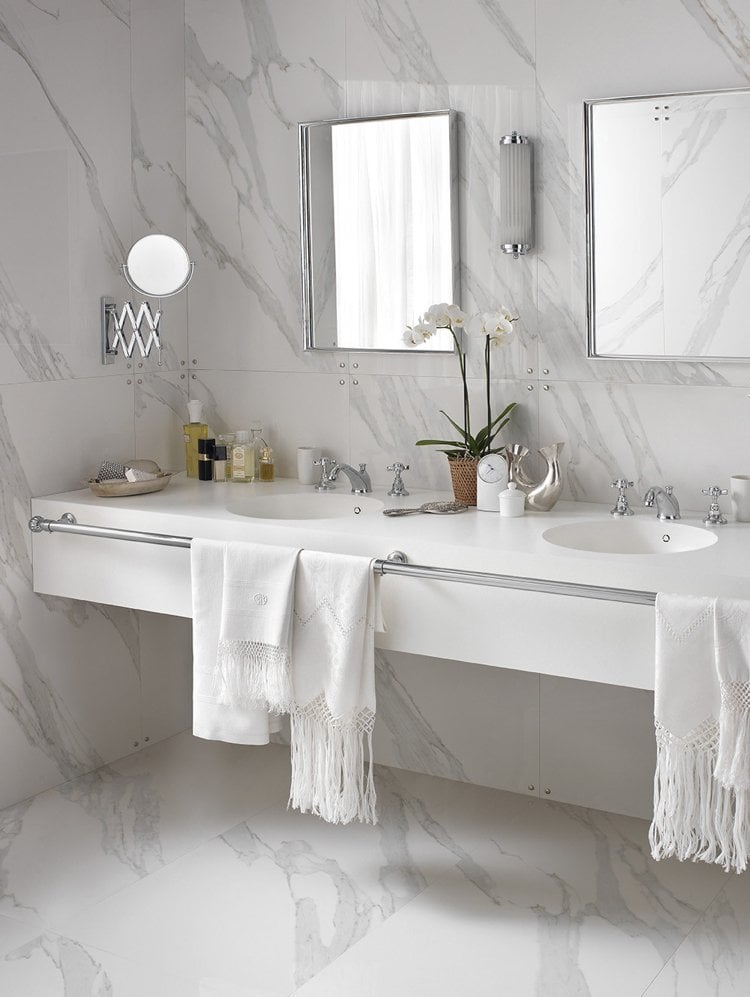design handwaschbecken badezimmer weiss marmor doppelwaschtisch