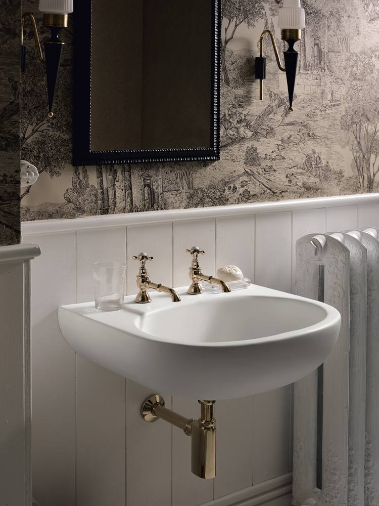 design handwaschbecken badezimmer weiss retro armaturzwei wasserhähne