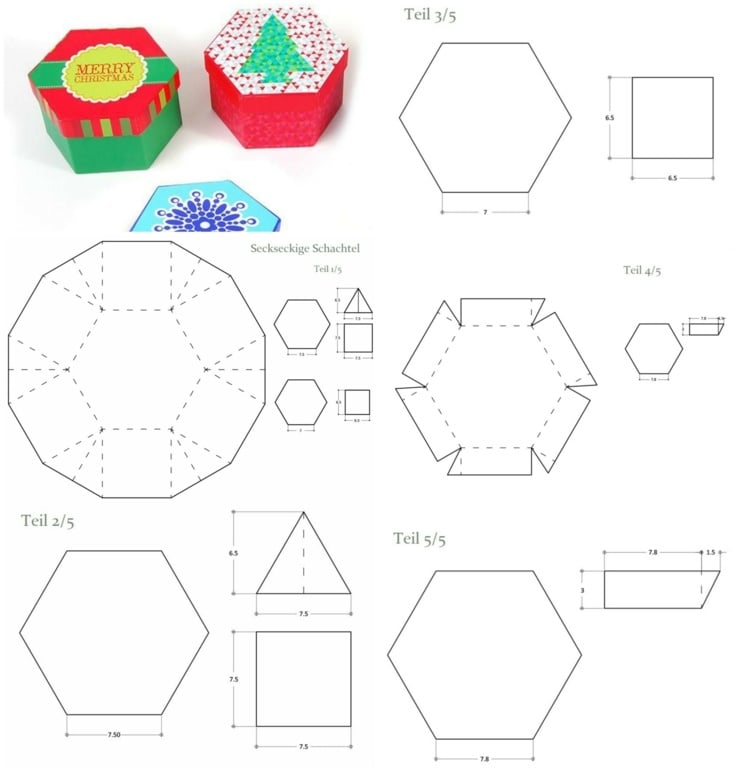 explosionsbox weihnachten basteln vorlage papier hexagon box einfach