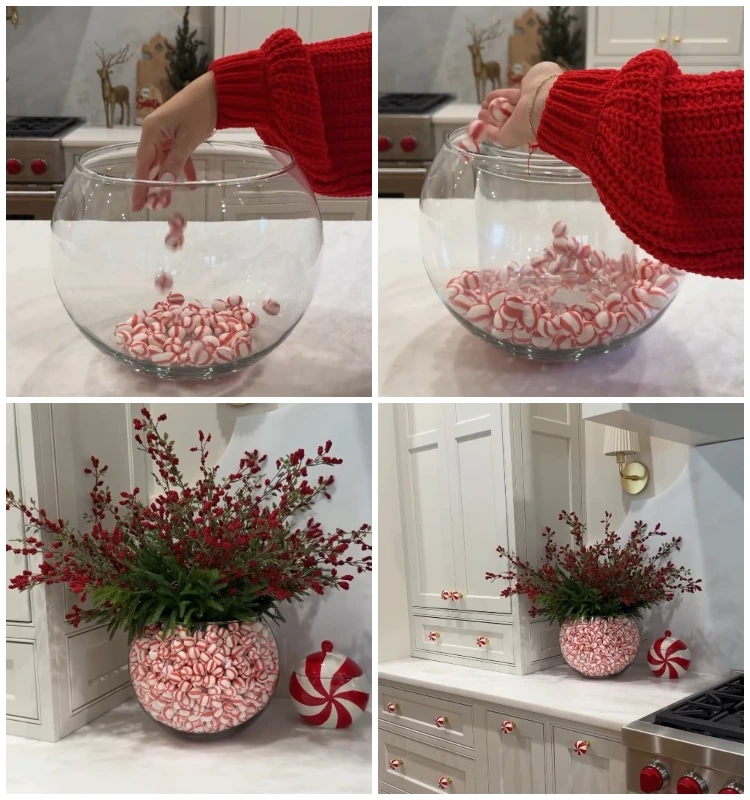 glasvase mit pfefferminzbonbons füllen weihnachtsdeko idee