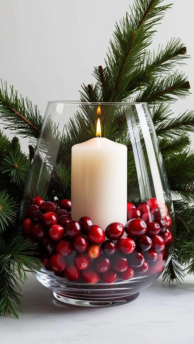 glasvase weihnachtlich dekorieren mit cranberries und kerze