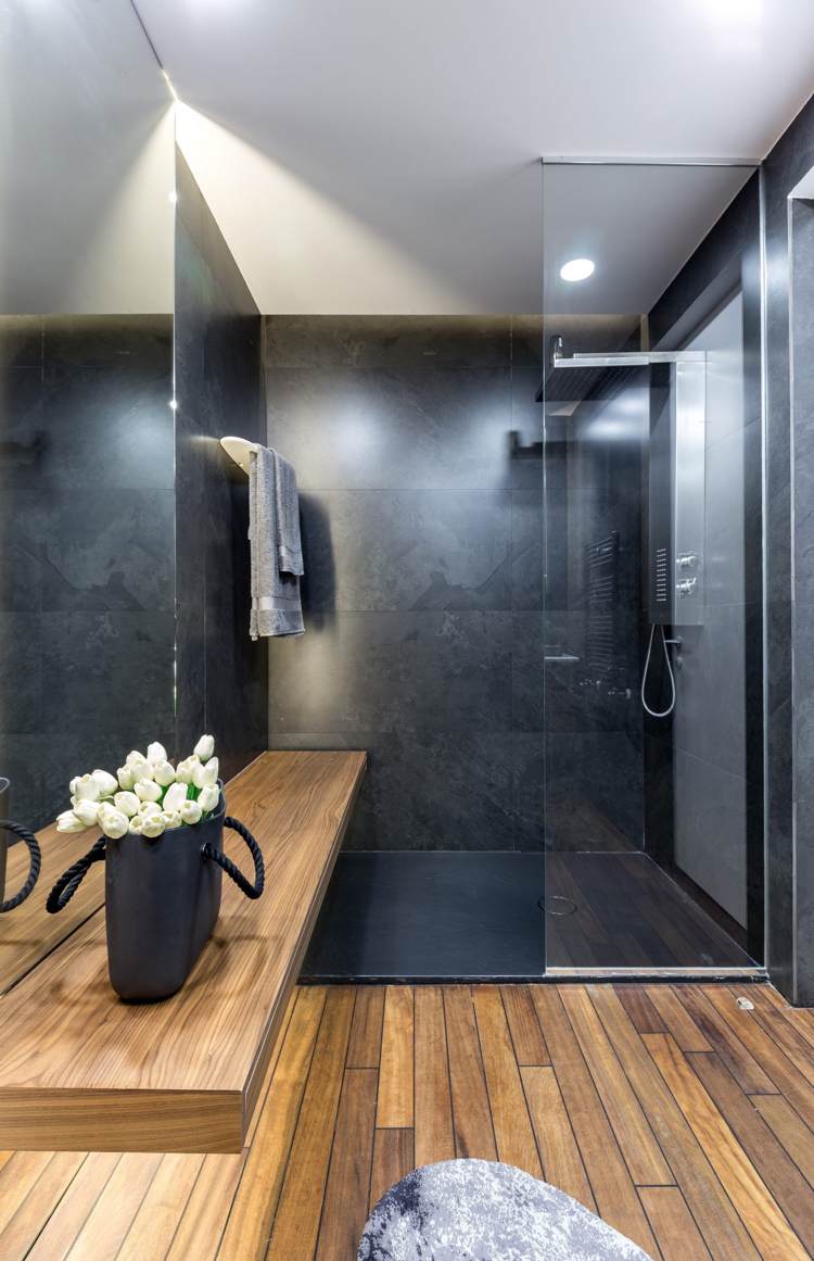 graue einrichtung badezimmer modern holz dusche glaswand