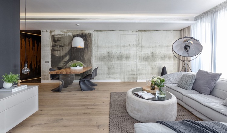 graue einrichtung wohnzimmer holzboden eckcouch strahler modern