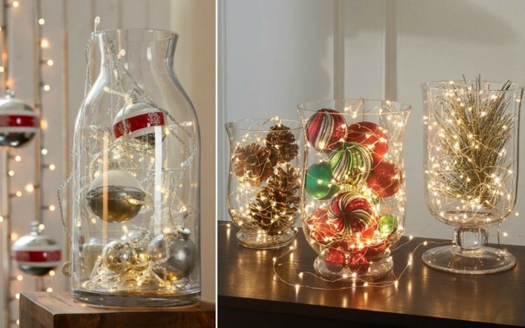 große Glasvase weihnachtlich dekorieren ideen lichterkette baumschmuck tannenzapfen