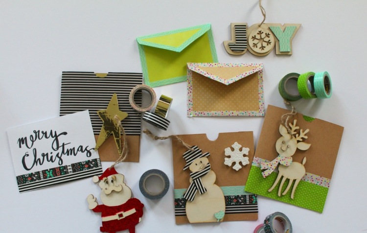 holz ornamente mit deko tape verzieren weihnachtskarten