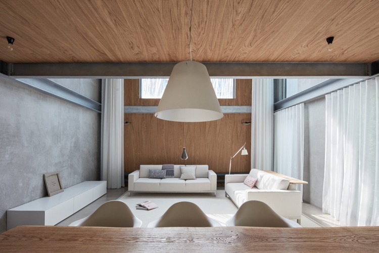 minimalistische einrichtung beton holz wohnzimmer weisse möbel
