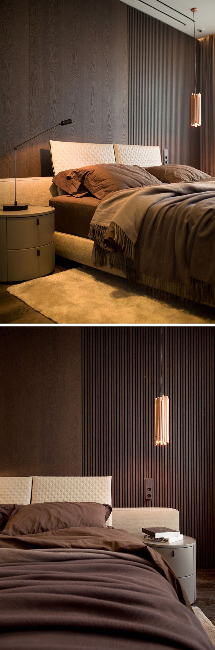 modernes schlafzimmer dunkles holz wandverkleidung pendelleuchte kupfer