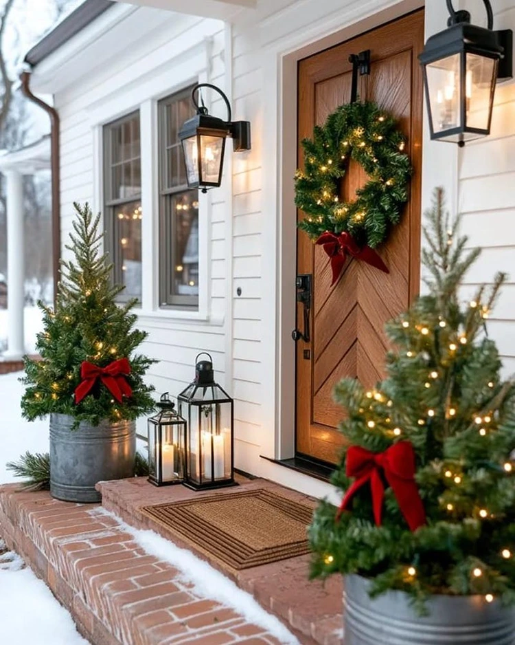 tannnebäume mit lichtern vor der haustür