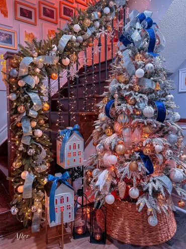 treppengeländer mit glitzerndem schmuck dekoriert