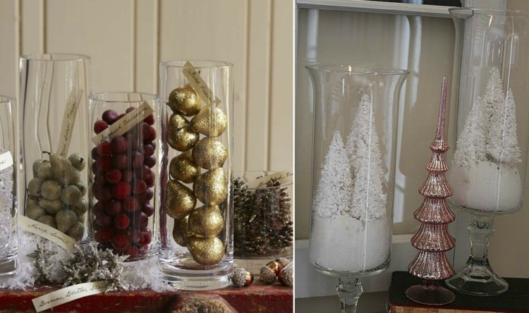 weihnachtlich dekorieren große Glasvase obst birnen gold glitzer früchte winter landschaft tannen