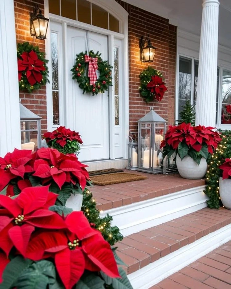 weihnachtliche pracht mit weihnachtssternen vor der haustür