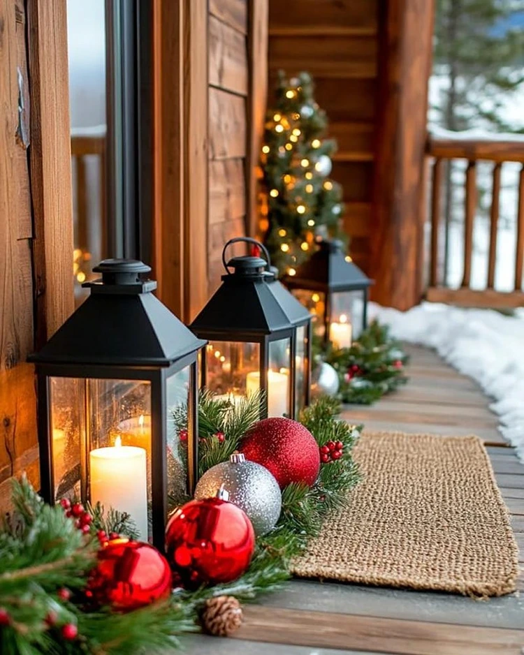 weihnachtsdeko am hauseingang laternen weihnachtskugeln tannenzweige