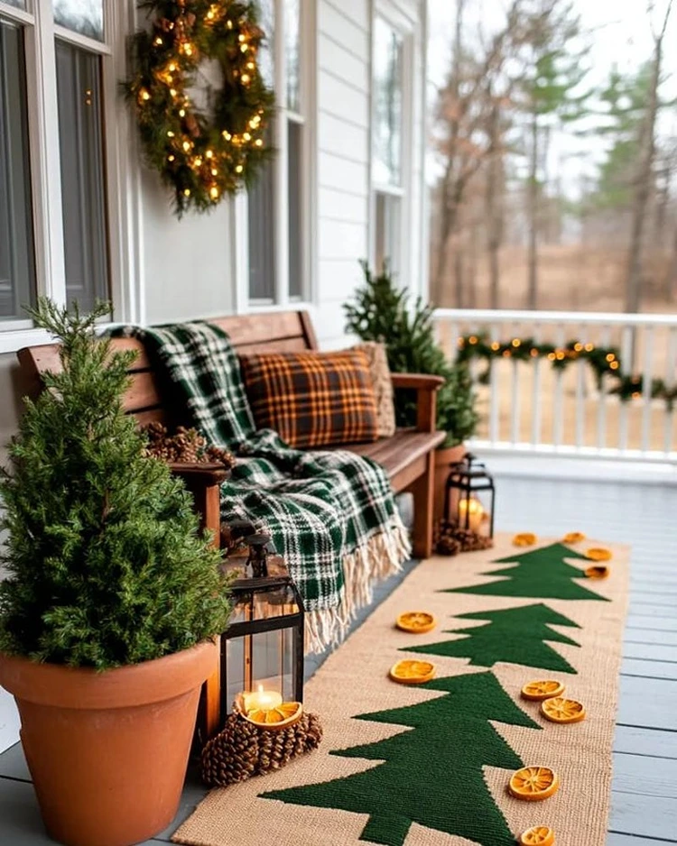 weihnachtsdeko im garten kuschelige decke kissen auf gartenbank immergrüne pflanzen