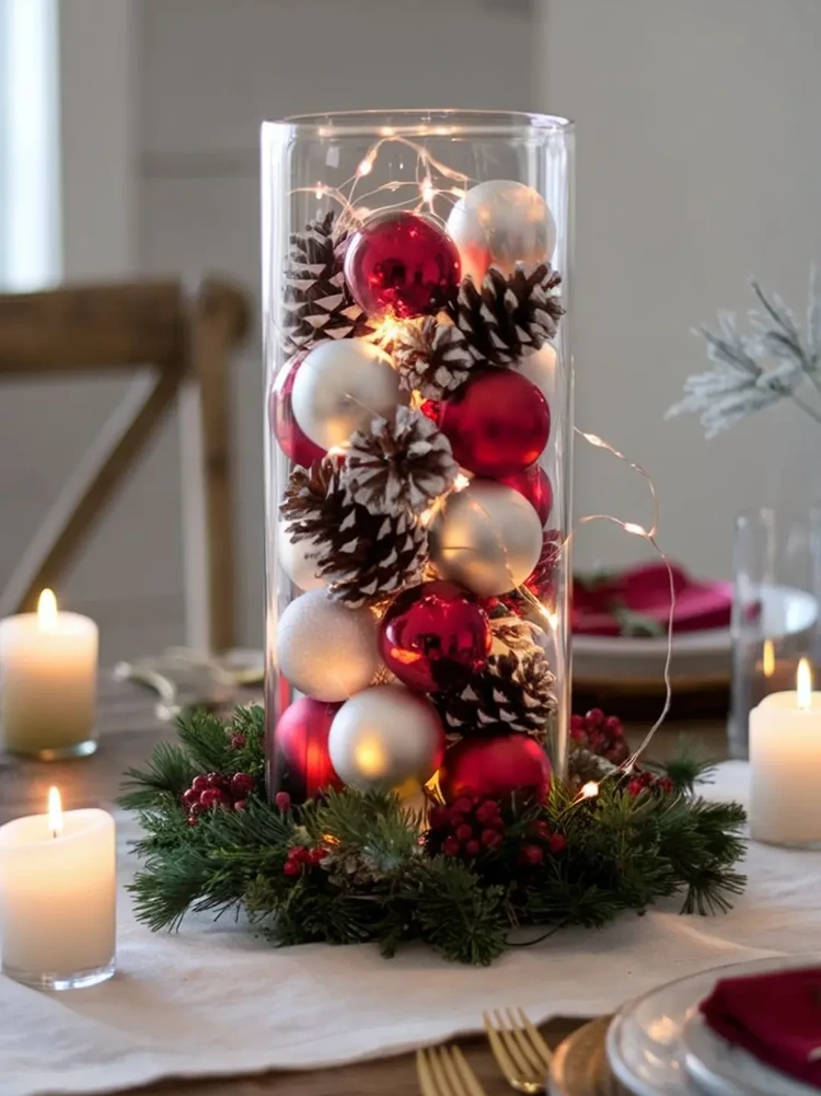 weihnachtskugeln und zapfen in glasvase