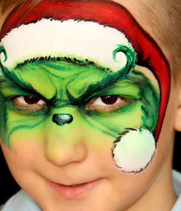 weihnachtsmotive kinderschminken junge grinch grün weihnachtsmannmütze anleitung selbermachen
