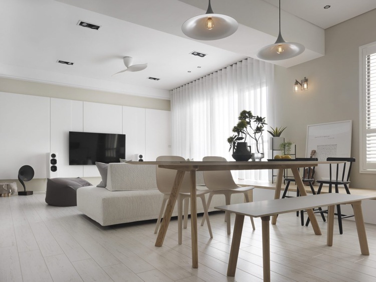 weisses laminat graue schattierungen wohnzimmer esstisch minimalistisch