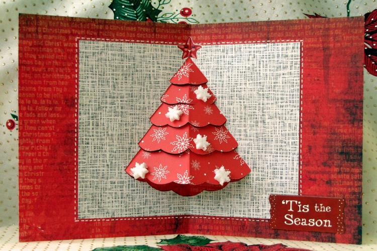 Pop up Weihnachtskarte mit Tannenbaum Rot Scrapbooking Papier