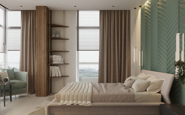 Schlafzimmer Braun Grüne Wandfarbe Creme Bett Polsterung