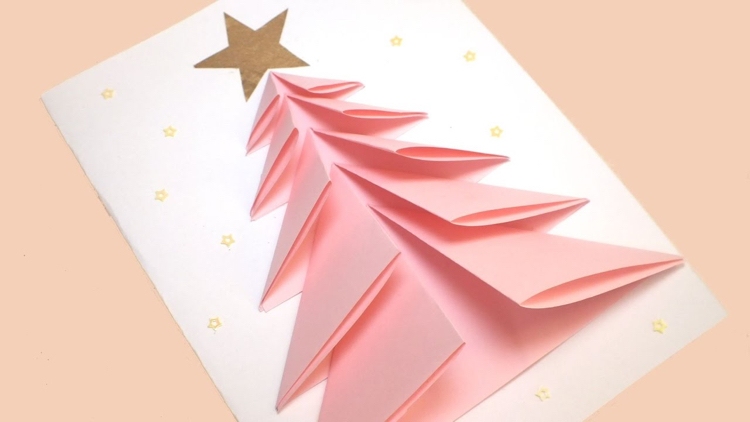 Weihnachtskarte mit 3D Tannenbaum rosa Origami-Technik