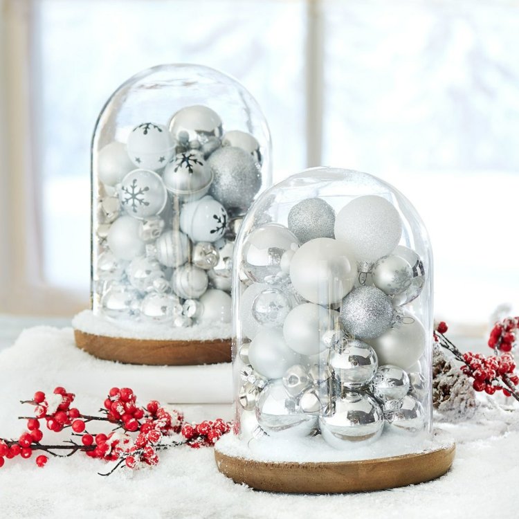glasglocke deko kunstschnee weihnachtsbaum kugeln weiß silber