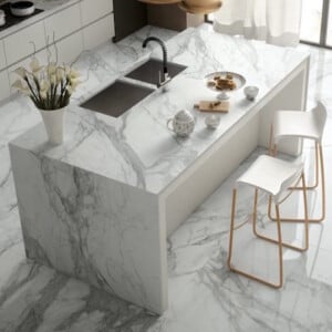 marmor reinigen pflegen küche modern minimalistisch boden kücheninsel