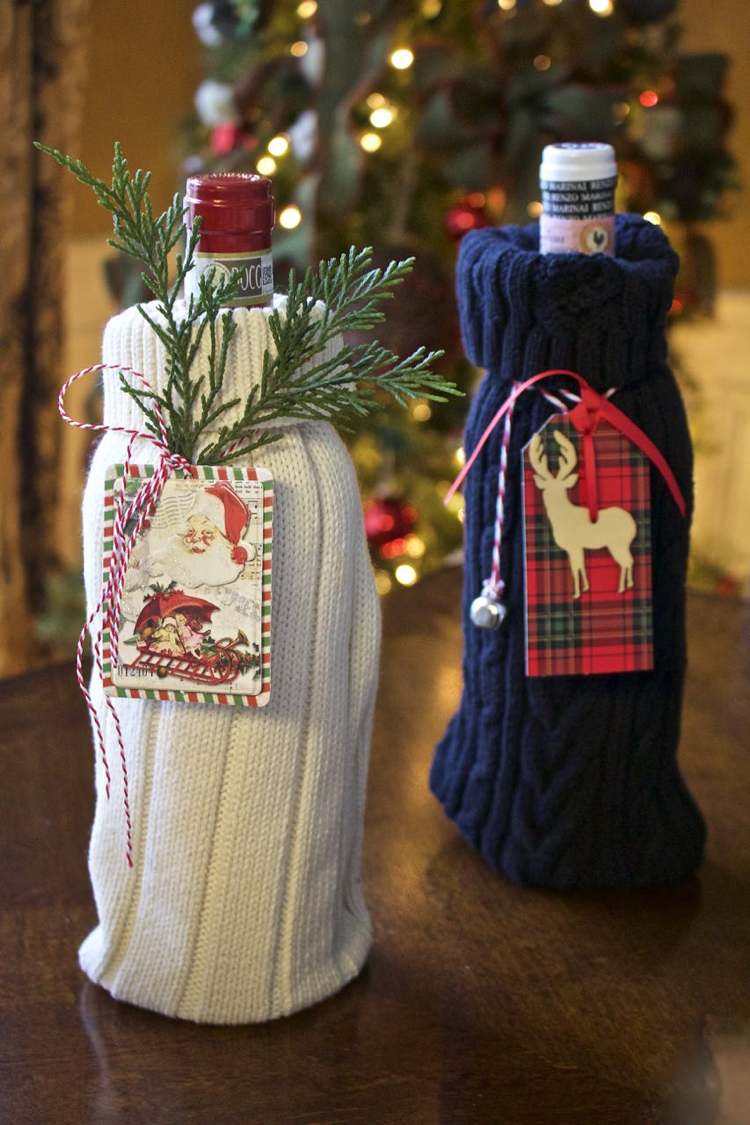 mitbringsel weihnachten originelle ideen wein flasche weihnachtlich verpacken