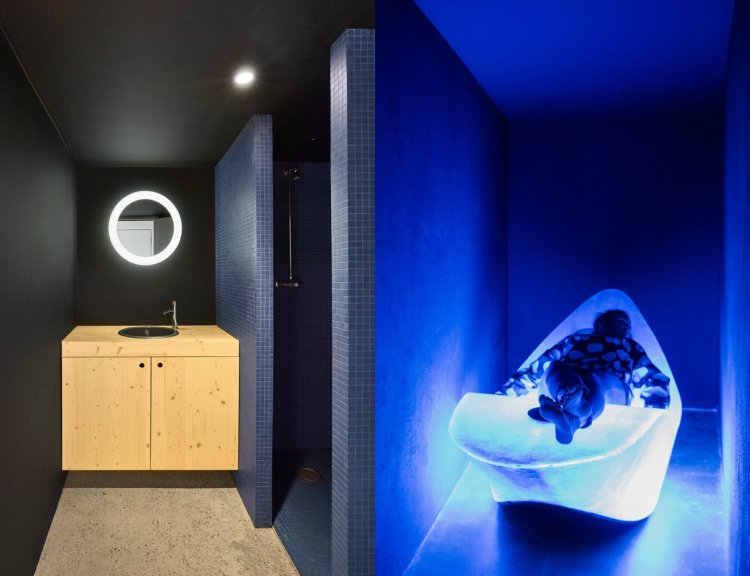 nachhaltiges bauen wenig fläche badezimmer schwarz relax blaulicht
