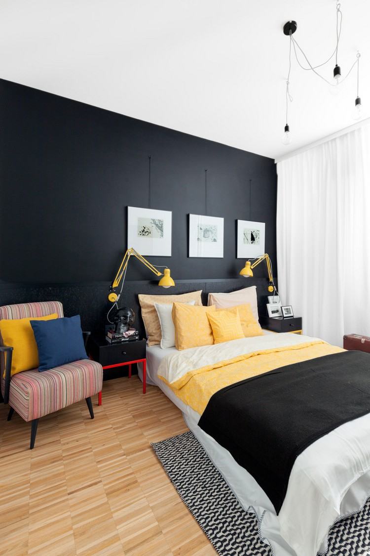 wandfarbe schwarz schlafzimmer akzente gelb