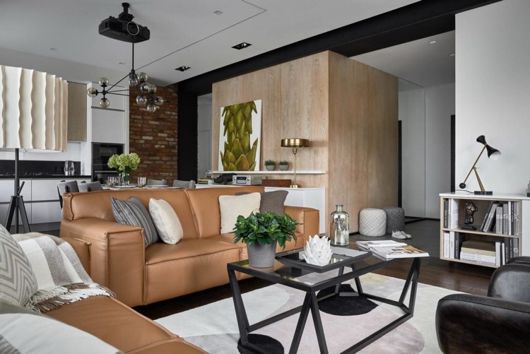 warme farbtöne lederpolster wohnzimmer weiss modernes interieur