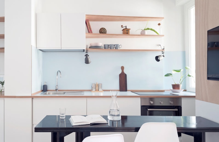 35 Quadratmeter Wohnung Küche Weiß Hellblau