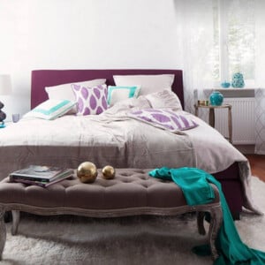 Bettbank Schlafzimmer Vintage Modern Mix Violett Türkis Grau