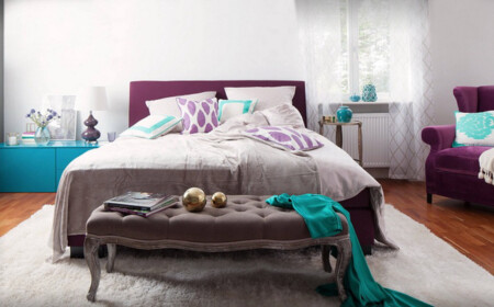 Bettbank Schlafzimmer Vintage Modern Mix Violett Türkis Grau