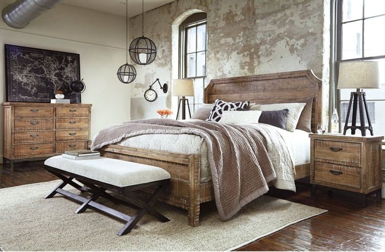 Bettbank gepolstert Holzbett rustikal Kontrast