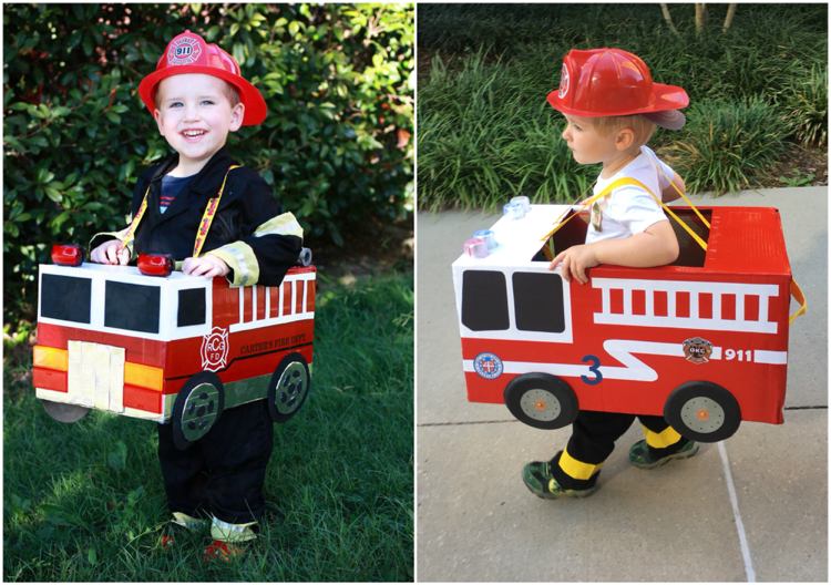 Feuerwehrmann Kostüm Kinder Fasching Plastikhelm Feuerwehrwagen Pappe