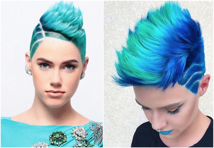 Irokesenschnitt für Frauen blau grün türkis gefärbte Haare