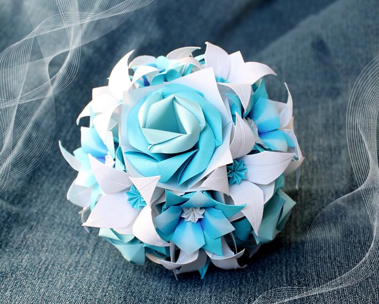Kusudama Blütenball Rosen Lotus Origami Blau Weiß