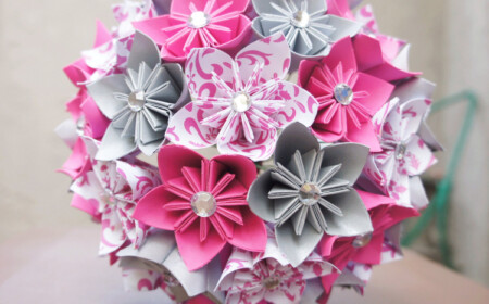 Kusudama Blütenball Origami Pink Grau Strasssteine