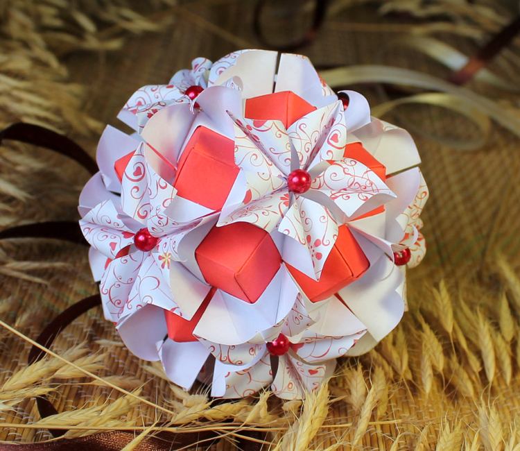 Kusudama Origami Flores de Amizade Orange Weiß