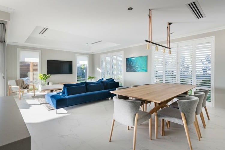 esstisch stühle stoffbezüge couch dunkelblau moderne residenz