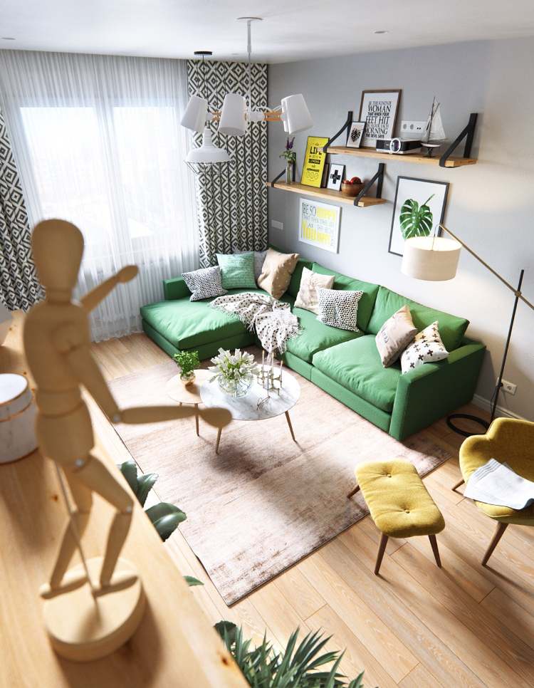farbgestaltung grün und gelb möbel wohnzimmer